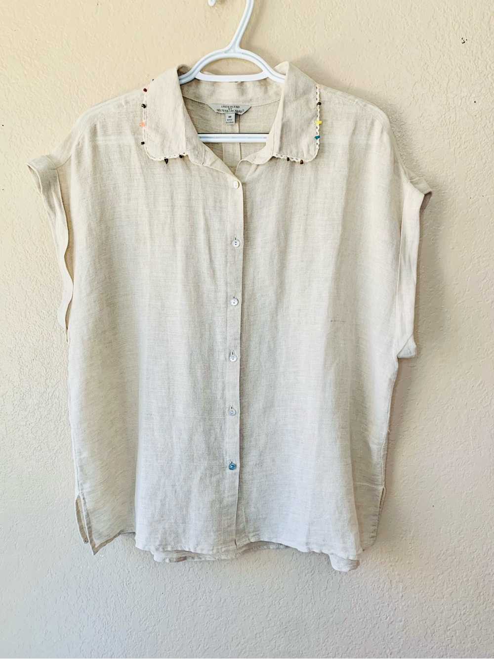 Hester & Orchard Linen Blend Cap Sleeve Beaded Collar Coastal Blouse Size M - Picture 2 of 8